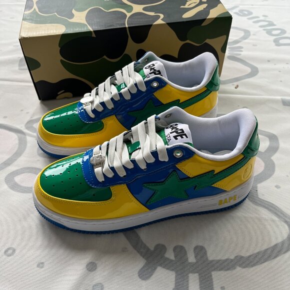 Bapesta Sk8 Dunk Yellow-Green Patent Leather Sports Casual Sneakers - Picture 3 of 8